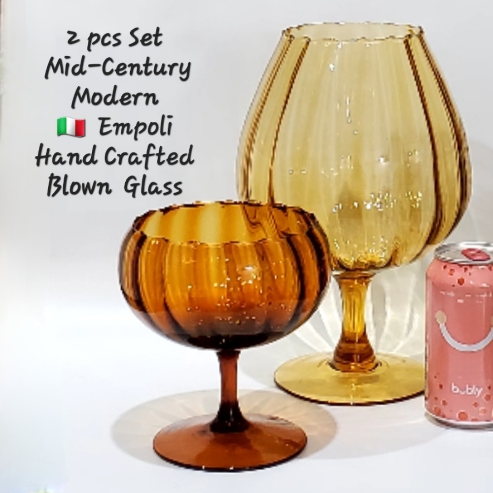 2pc MCM Empoli Hand Crafted Dark & Light Amber Optic Blown Glass Vase Bowl
